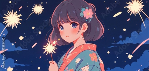 Wallpaper Mural illustration of cute anime girl wearing yukata with firework and night background Torontodigital.ca