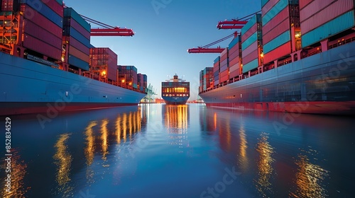 Wallpaper Mural A large container ship is docked at the port, with containers stacked on its deck and cargo in red boxes arranged neatly. the essence of global trade, showcasing one part of a bustling harbor scene. Torontodigital.ca