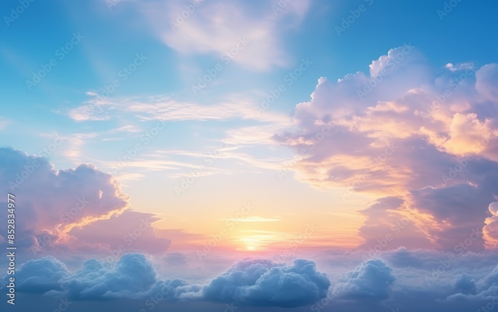 Fototapeta premium A breathtaking sunrise with fluffy clouds in a vibrant sky, showcasing a colorful and hopeful morning.