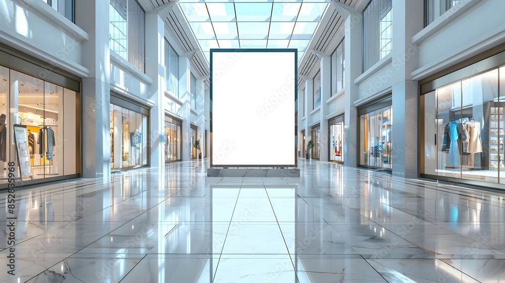 A mockup of an empty digital billboard in the middle of a mall, featuring white space for advertising copy and surrounded by busy storefronts with glass windows. A mockup of an empty digital billboard in the middle of a mall, featuring white space for advertising copy and surrounded by busy storefronts with glass windows.