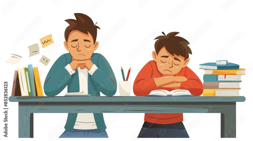 Two Students Sitting at a Desk Feeling Overwhelmed by Schoolwork