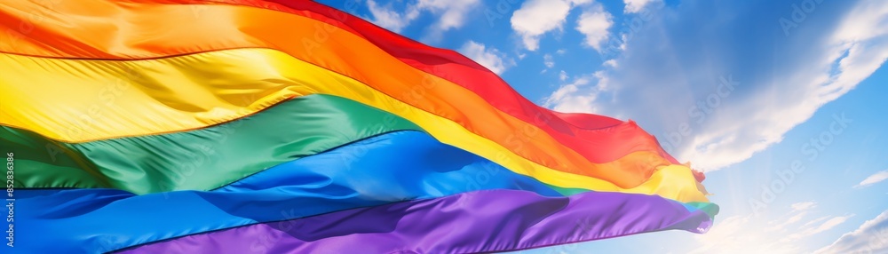 Rainbow flag waving in the sky. Rainbow flag waving in the sky.