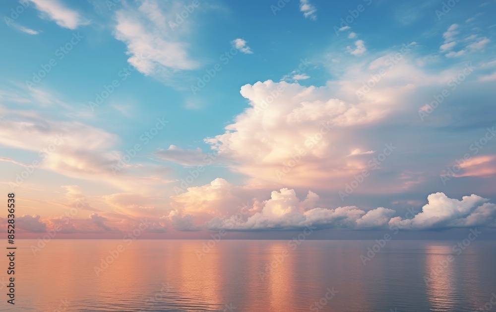 Obraz premium Serene sunrise over a calm ocean with fluffy clouds reflecting in the water.