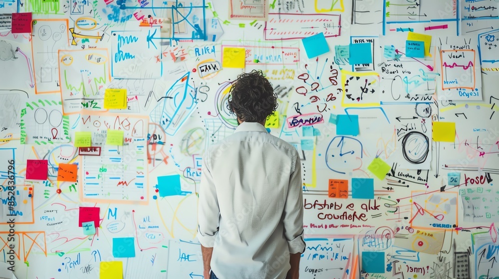 Man brainstorming and planning strategy on a whiteboard filled with colorful notes, diagrams, and drawings in a creative office space. Man brainstorming and planning strategy on a whiteboard filled with colorful notes, diagrams, and drawings in a creative office space.