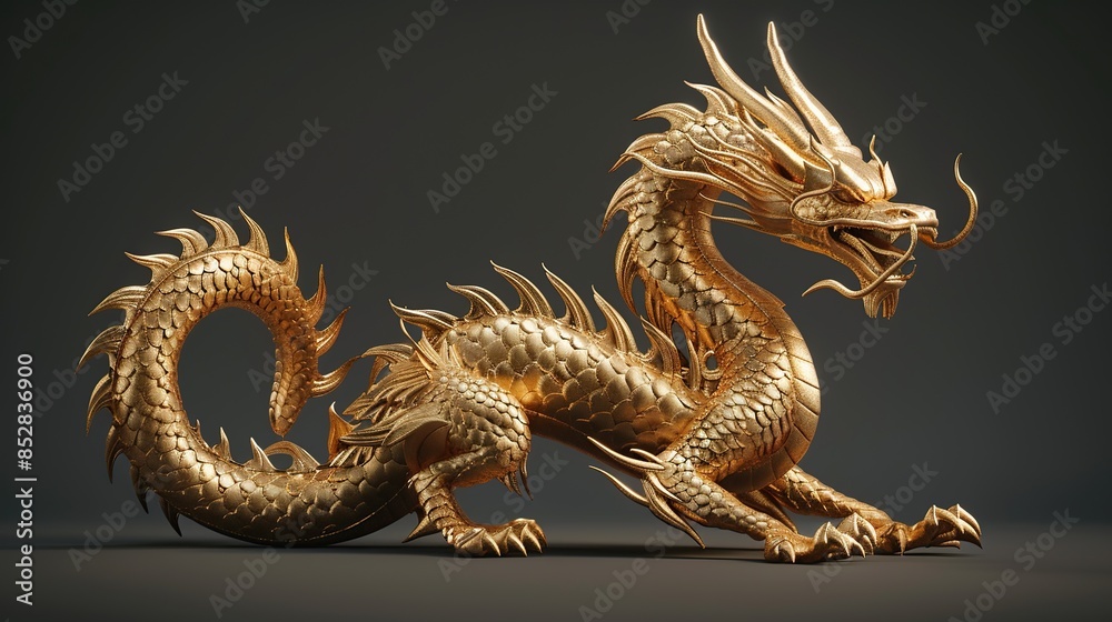 Fototapeta premium golden Chinese dragon sculpture in 3D rendering, isolated on black background.