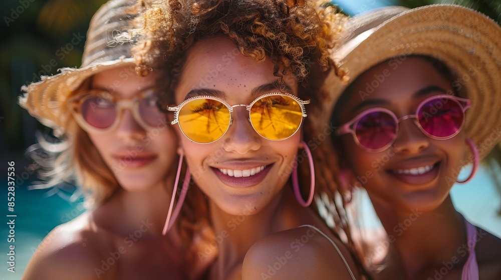 Three women wearing sunglasses and hats are smiling for the camera Three women wearing sunglasses and hats are smiling for the camera
