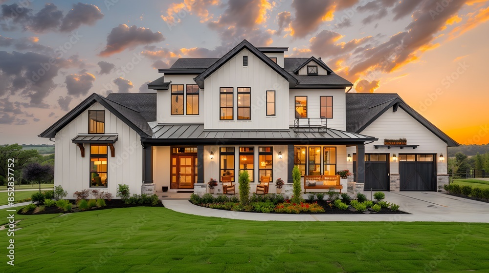 An elegant farmhouse style home with white and black exterior color combination, featuring large windows, a porch with dark wood accents, lush green grass in the yard under a cloudy sky at dusk. An elegant farmhouse style home with white and black exterior color combination, featuring large windows, a porch with dark wood accents, lush green grass in the yard under a cloudy sky at dusk.