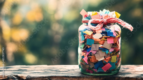 A glass jar filled with colorful paper pieces tied with a red string on a wooden surface against a blurred outdoor background. photo