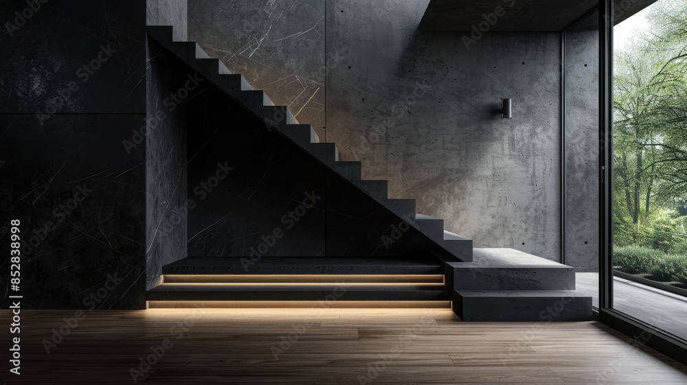 Black oak staircase in a modern home with black walls and wood floors ...