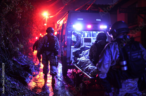 A group of military personnel in full gear walks with a patient on a stretcher to a vehicle