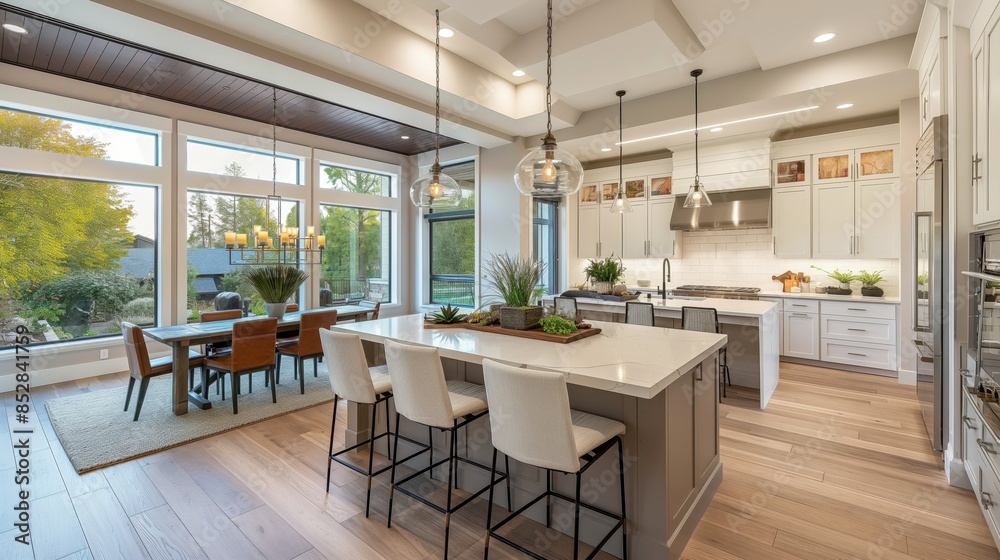 Modern open-concept kitchen with a large island, pendant lighting, and white cabinetry, adjacent to a dining area with large windows showcasing a scenic view. Modern open-concept kitchen with a large island, pendant lighting, and white cabinetry, adjacent to a dining area with large windows showcasing a scenic view.