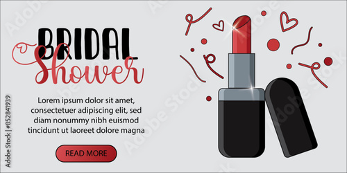 Bridal Shower Invitation with Red Lipstick Illustration and Decorative Elements. Web banner bridal shower. Hen party. Bachelorette party