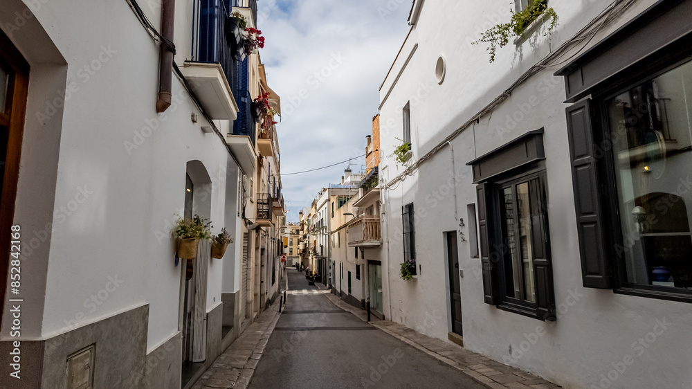 Obraz premium Traditional Mediterranean street with white walls and potted plants, typical of Spanish festivals like Fiestas de San Juan -- ideal for travel and culture themes