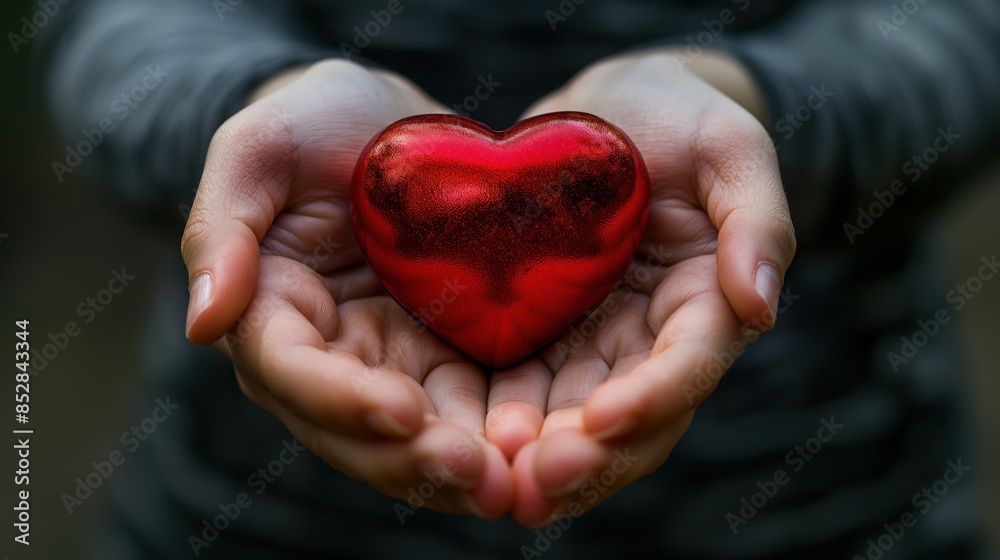 Hands holding a shiny red heart-shaped object, symbolizing love, care, and compassion. Hands holding a shiny red heart-shaped object, symbolizing love, care, and compassion.