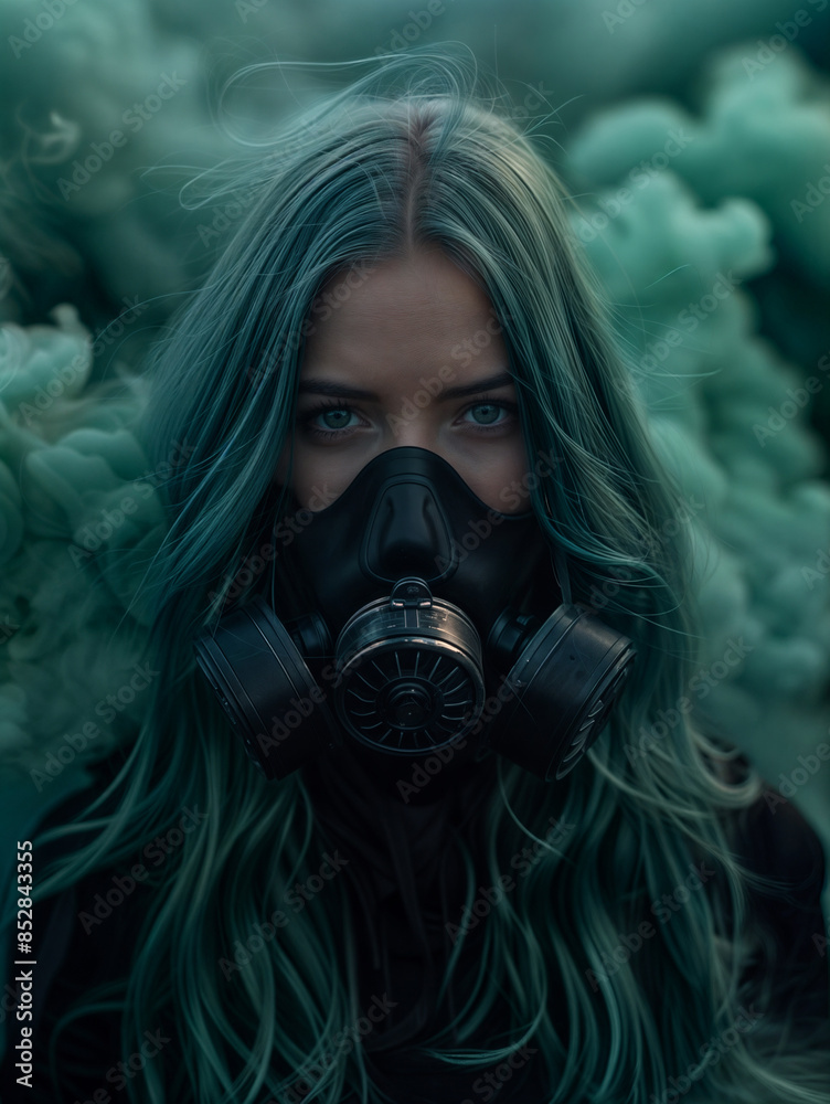 Woman wearing a gas mask and surrounded by colored smoke Woman wearing a gas mask and surrounded by colored smoke
