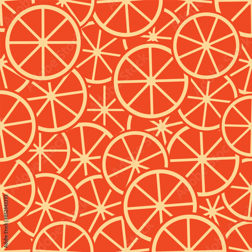 Orange slices vector seamless pattern in bright colors. Abstract repeating background texture tile in flat style. Vibrant summer vibes. Fashion fabric print design. Seasonal backdrop or gift wrapping.