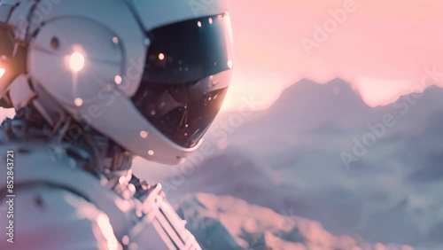 A man in a space suit stands confidently on a mountain peak, overlooking the vast landscape, An AI-powered robot exploring a virtual reality landscape photo