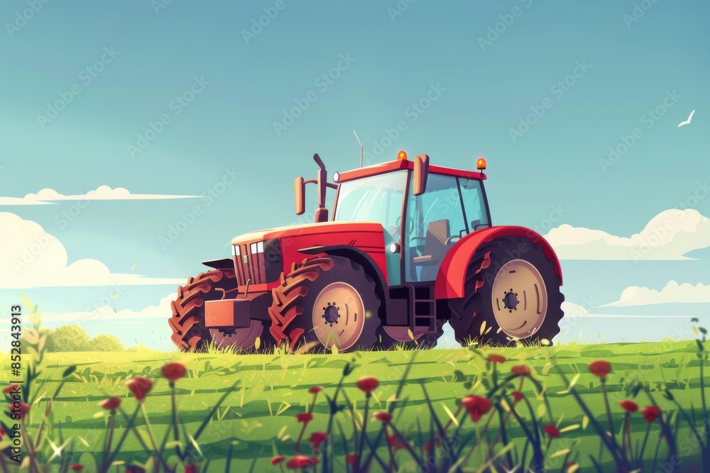 Illustration of a red tractor working in a field. Agricultural business development concept Illustration of a red tractor working in a field. Agricultural business development concept