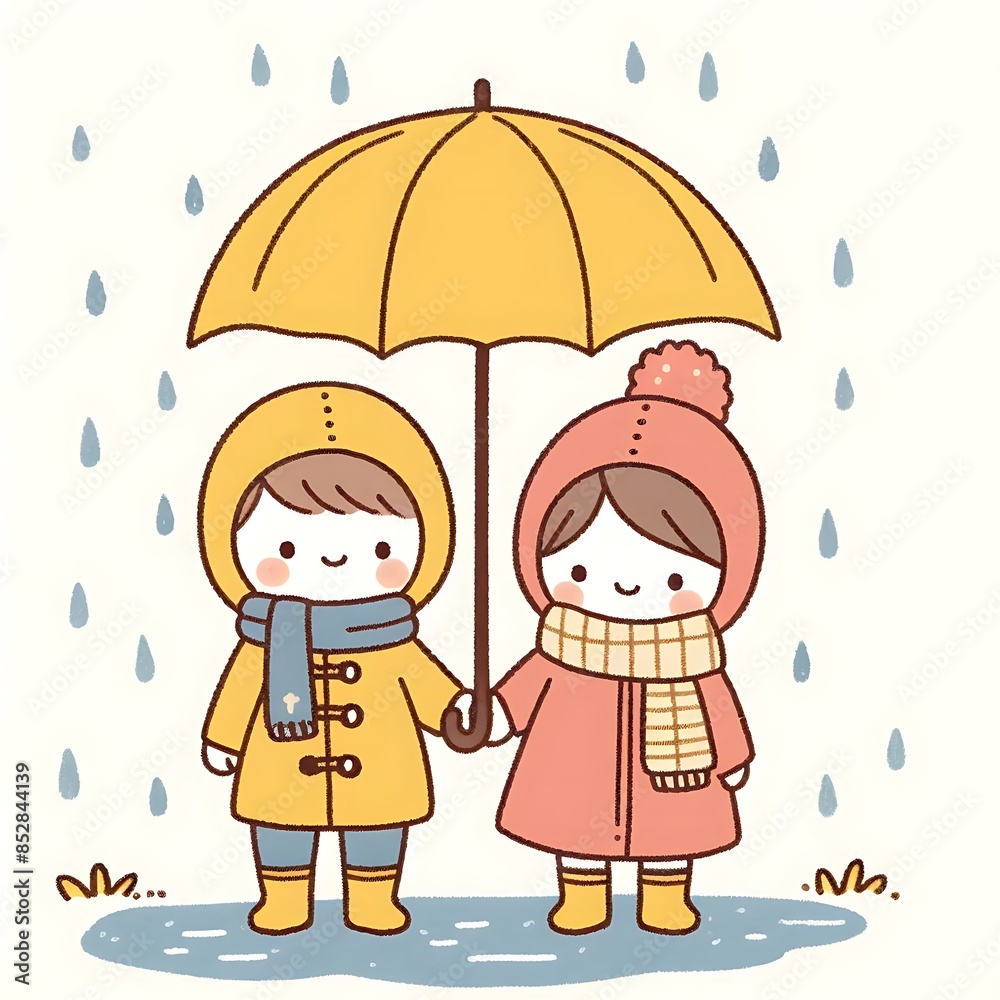 charming drawing of two children standing in the rain under a yellow umbrella charming drawing of two children standing in the rain under a yellow umbrella