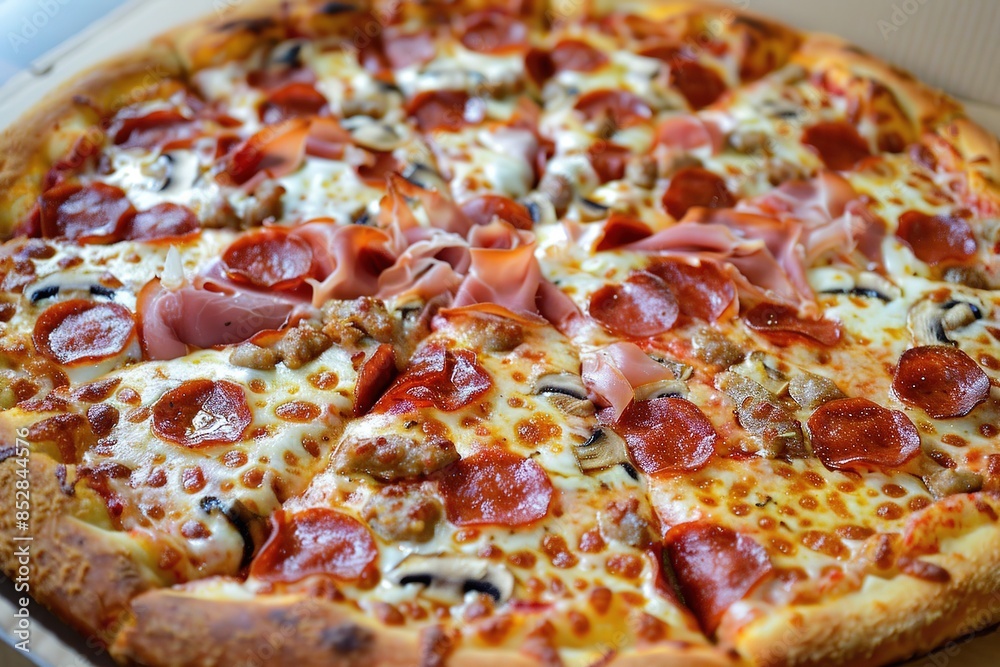 Close-Up of a Freshly Baked Pizza with salami