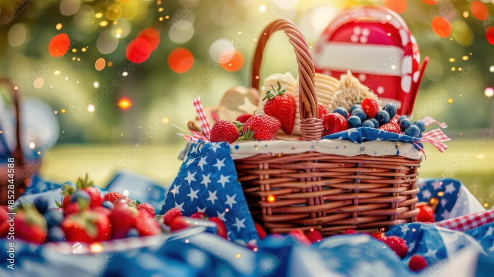Festive 4th of July picnic basket with patriotic decor Festive 4th of July picnic basket with patriotic decor