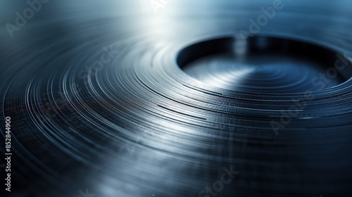 Close-up of the grooves on a vinyl record in bluish lighting, highlighting texture and detail.