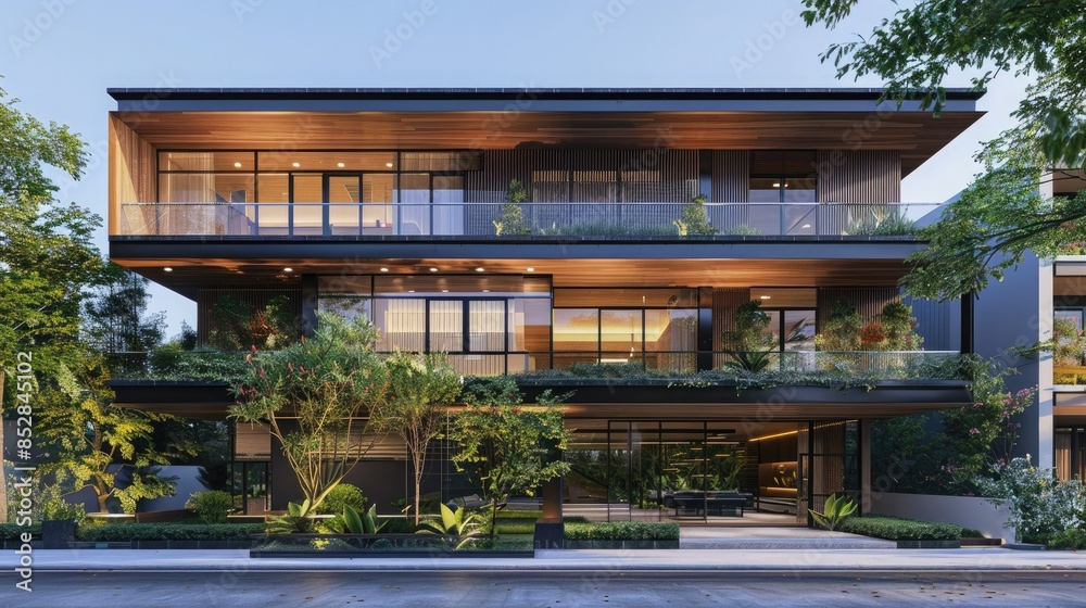 Fototapeta premium Modern three-story home, tropical style architecture, dark wood and glass facade surrounded by trees and plants, front yard landscaping.