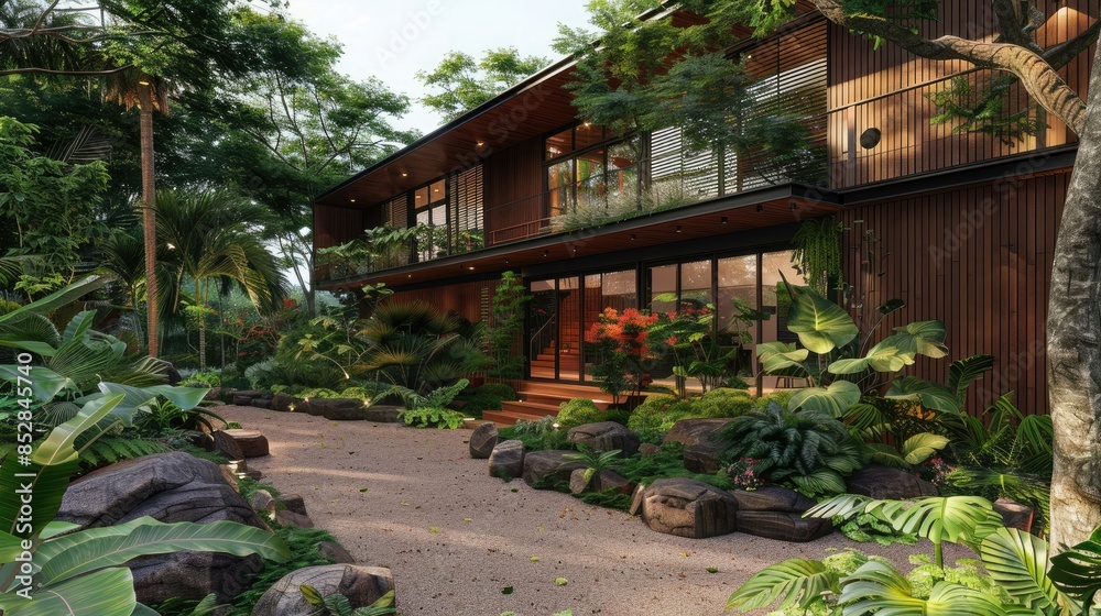 Modern house with three floors, tropical style architecture, dark wood and glass facade, surrounded by trees and plants, landscape design for the front 