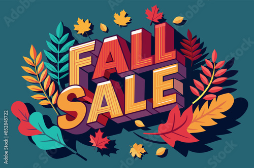 Fall sale sign with leaves on blue background for plant, tree, nature themes