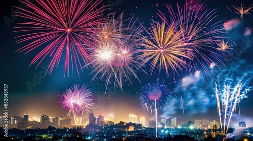 Vibrant July 4th fireworks lighting up the night sky. © Bionic