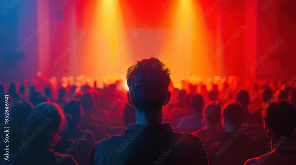 Influential speech in modern auditorium, close up, focus on, vivid and striking hues, Double exposure silhouette with applauding audience Influential speech in modern auditorium, close up, focus on, vivid and striking hues, Double exposure silhouette with applauding audience