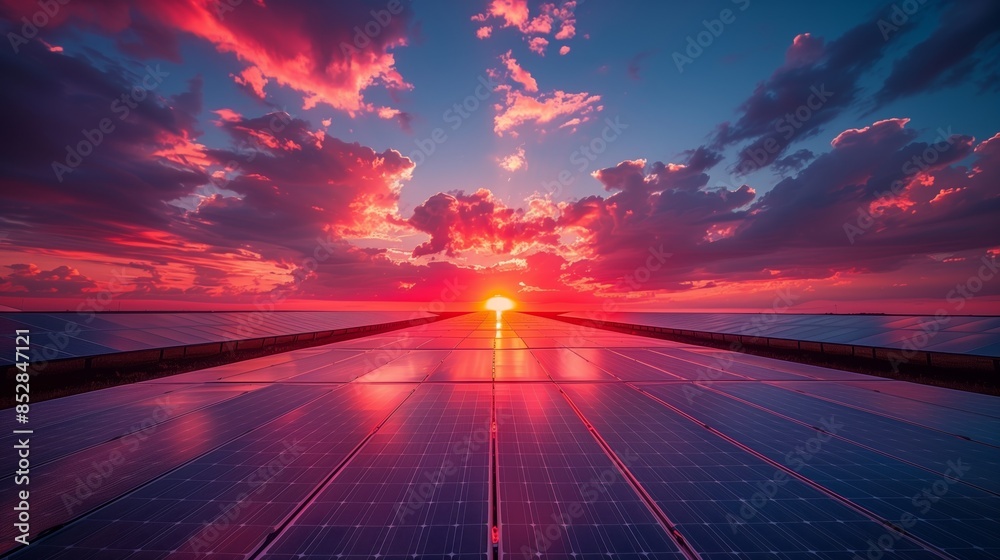 A view of an expansive solar farm captured at sunset. The photovoltaic panels stretch towards the horizon A view of an expansive solar farm captured at sunset. The photovoltaic panels stretch towards the horizon