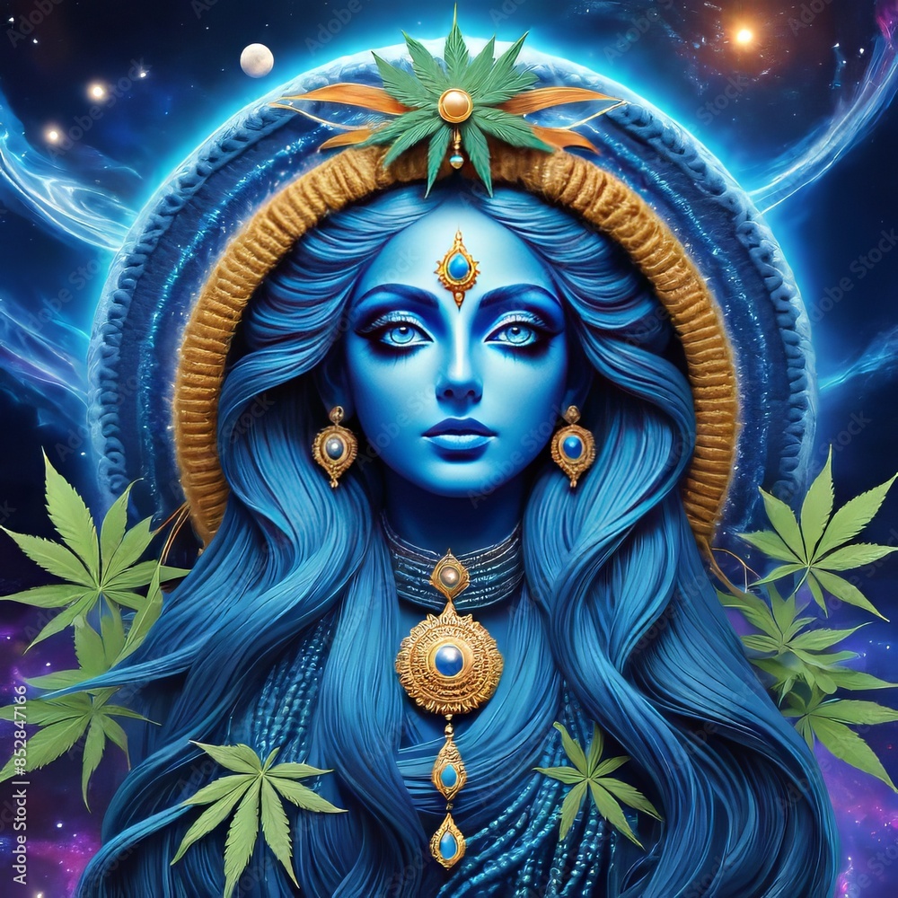 portrait of blue cannabis godess with long hair and jewelry portrait of blue cannabis godess with long hair and jewelry
