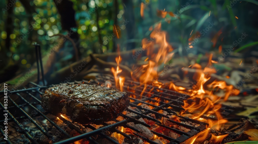 grilling steaks on charcoal bbq grill outdoors in yard grilling steaks on charcoal bbq grill outdoors in yard