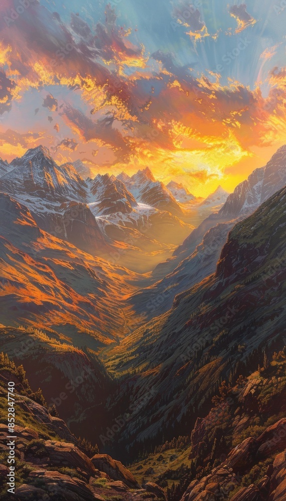 Picture a breathtaking sunrise in the mountains, where the first light dawn illuminates the rugged