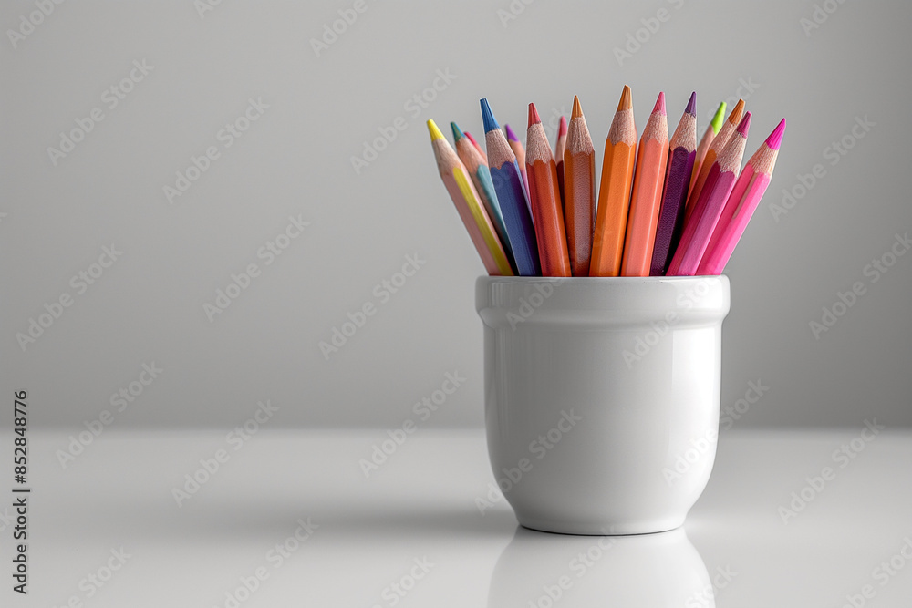 A white ceramics holder contains colorful sharpened pencils on white table, suggesting clarity and organization. ideal for educational and professional contexts or back to school theme. A white ceramics holder contains colorful sharpened pencils on white table, suggesting clarity and organization. ideal for educational and professional contexts or back to school theme.
