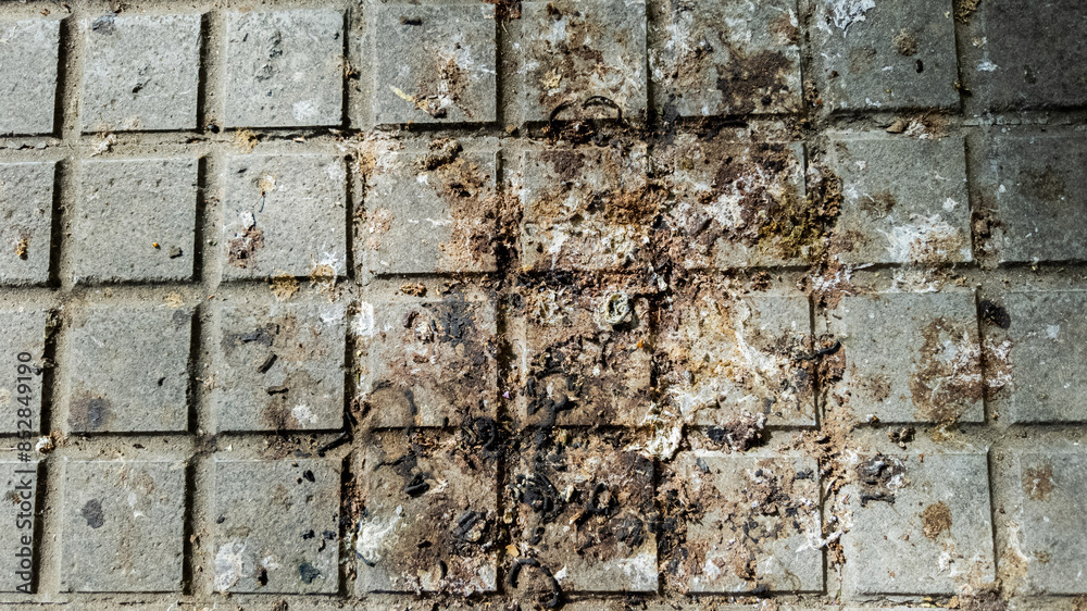 Worn and dirty paving stones with visible stains, suited for urban decay themes or concepts related to environmental pollution Worn and dirty paving stones with visible stains, suited for urban decay themes or concepts related to environmental pollution