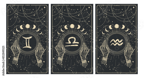 Gemini, Libra, Aodolay, set of cards with zodiac signs in vintage style on black background. Vintage vector illustration of astrology.