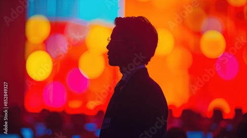 Speech at corporate event, close up, focus on, colorful and dynamic palette, Double exposure silhouette with speaker and screen projection