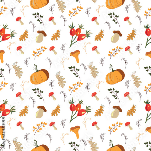 Seamless pattern with autumn pumpkins, autumn berries, leaves, stylized vector graphics Botanical pattern with autumn tree leaves and sprigs with berries on white background.