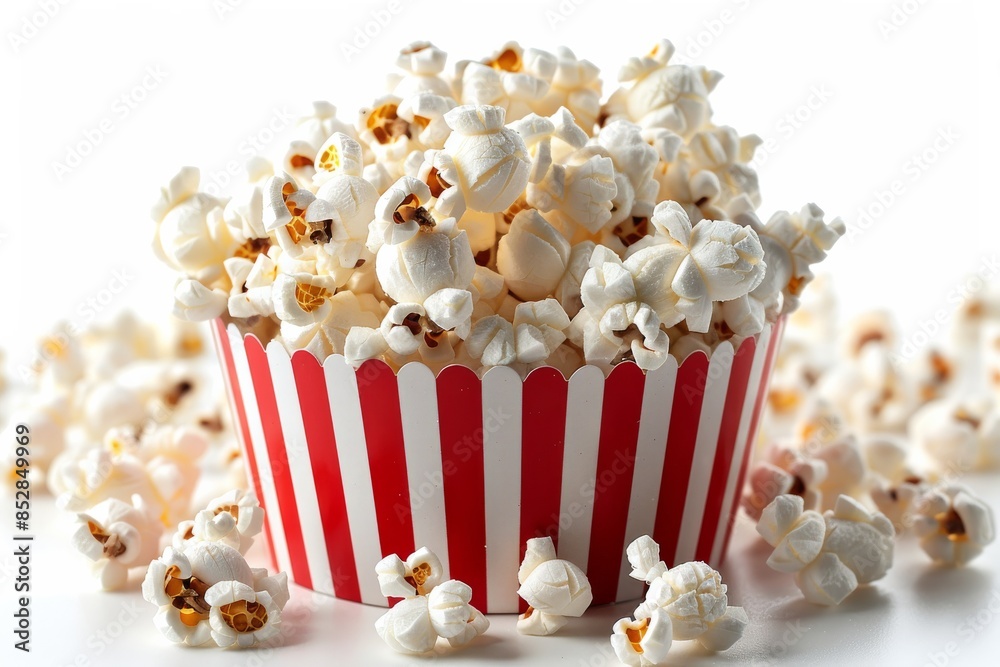 A red and white striped container filled with freshly popped popcorn, isolated on a white background. Perfect for movie night or a snack. A red and white striped container filled with freshly popped popcorn, isolated on a white background. Perfect for movie night or a snack.
