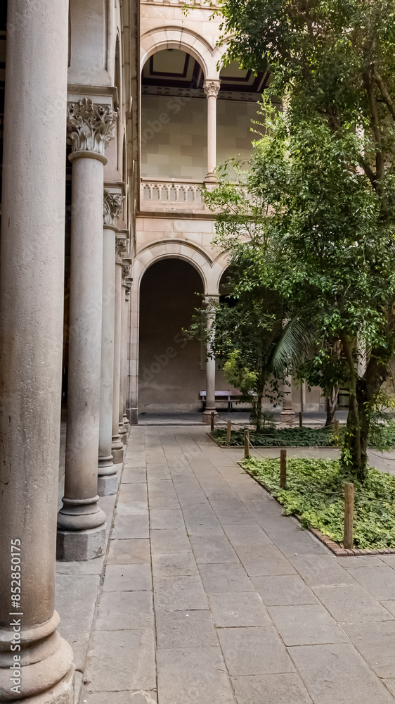 Fototapeta premium Tranquil courtyard with classical architecture, stone columns, and lush greenery, ideal for concepts like academia, heritage, and European culture