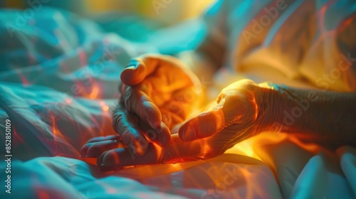 Palliative care services, close up, focus on, striking colors, Double exposure silhouette with comforting hands photo