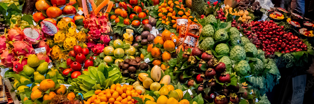 Vibrant farmers market stall brimming with fresh, exotic fruits, perfect for healthy eating and nutrition concepts, and related to harvest festivals Vibrant farmers market stall brimming with fresh, exotic fruits, perfect for healthy eating and nutrition concepts, and related to harvest festivals