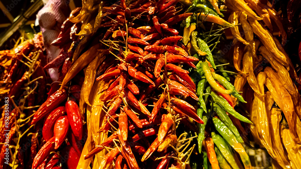 Fototapeta premium Assorted hanging dried red and green chili peppers at a spice market, capturing the essence of culinary traditions and fiery flavors