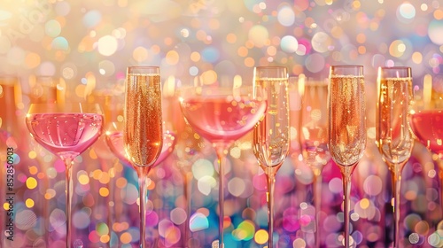 Row of sparkling wine glasses against a festive bokeh lights background