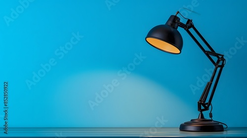 Black desk lamp on table against blue wall background with copy space. The lamp is in the style of a minimalist design. © horizon
