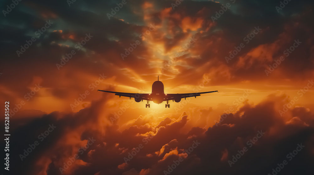 An airplane silhouette in mid-air during sunset, with dramatic clouds illuminated by the setting sun An airplane silhouette in mid-air during sunset, with dramatic clouds illuminated by the setting sun