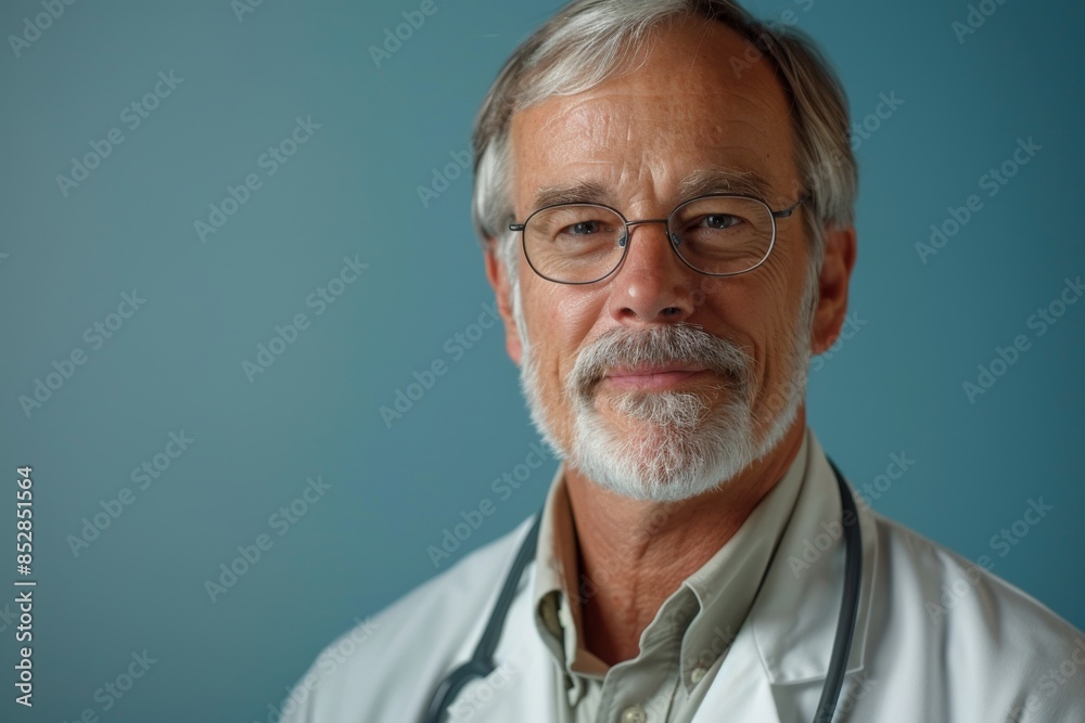 Senior male doctor in white coat with a stethoscope on blue background Senior male doctor in white coat with a stethoscope on blue background