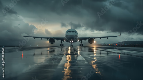 An airplane landing on a rain-soaked runway